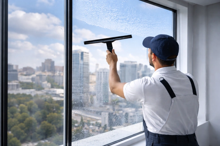 Fönsterputsare som rengör stora glasfönster i en modern kontorsbyggnad med stadsmiljö i bakgrunden.