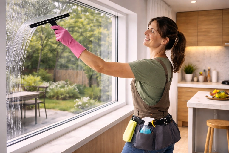 Fönsterputsning i kök där en fönsterputsare rengör stort fönster i hemmiljö med grön trädgård utanför.