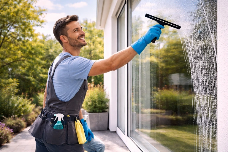 Professionell fönsterputsare som rengör stort fönster i villa med grön trädgård i bakgrunden.