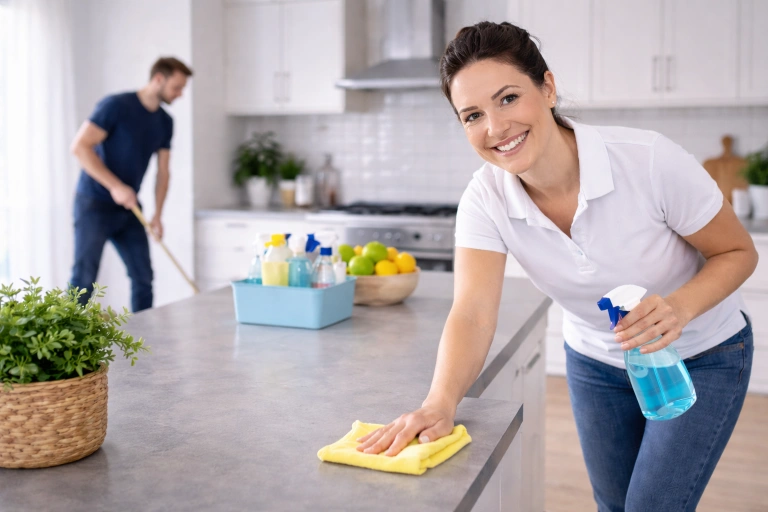 Hemstädning i Fagersta – professionell städare rengör köksbänk i modernt kök