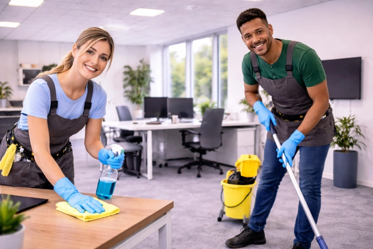 Kontorsstädning där två städare arbetar tillsammans i modern kontorsmiljö, en torkar skrivbord medan den andra moppar golv.