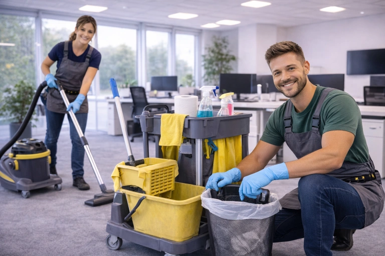 Kontorsstädning där två städare arbetar tillsammans i öppet kontor, en dammsuger golv medan den andra hanterar städvagn och sopkärl.