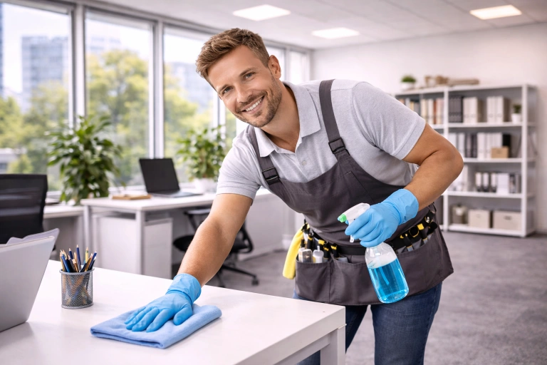 Professionell kontorsstädning i skandinavisk kontorsmiljö där städare torkar av skrivbord i öppet kontorslandskap.