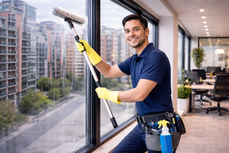 Professionell fönsterputsare i Fagersta rengör stora kontorsfönster med utsikt mot lägenheter. Kommersiell fönsterputsning för företag i modern kontorsmiljö.