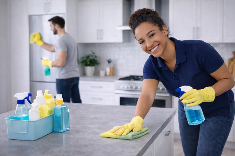 Professionella städare rengör kök i privat bostad