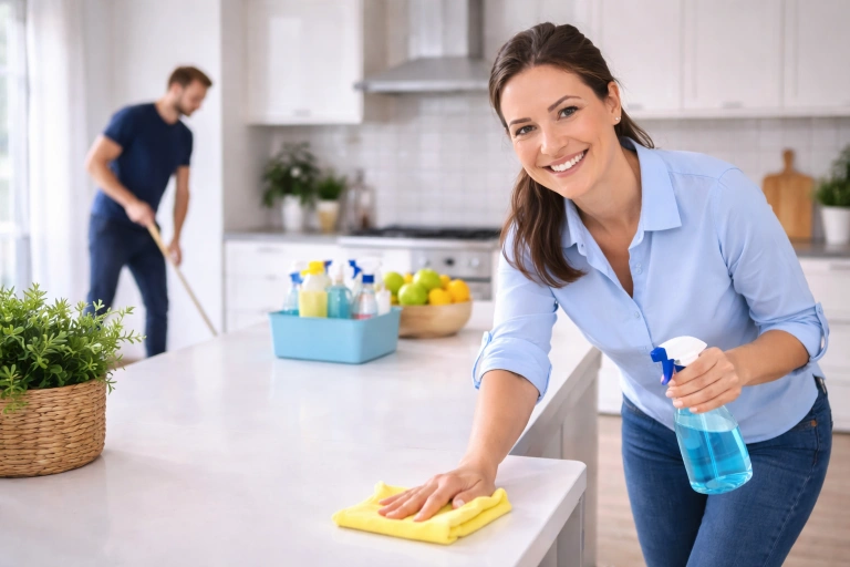 Hemstädning i Sala – professionell städare rengör köksbänk i ljust kök